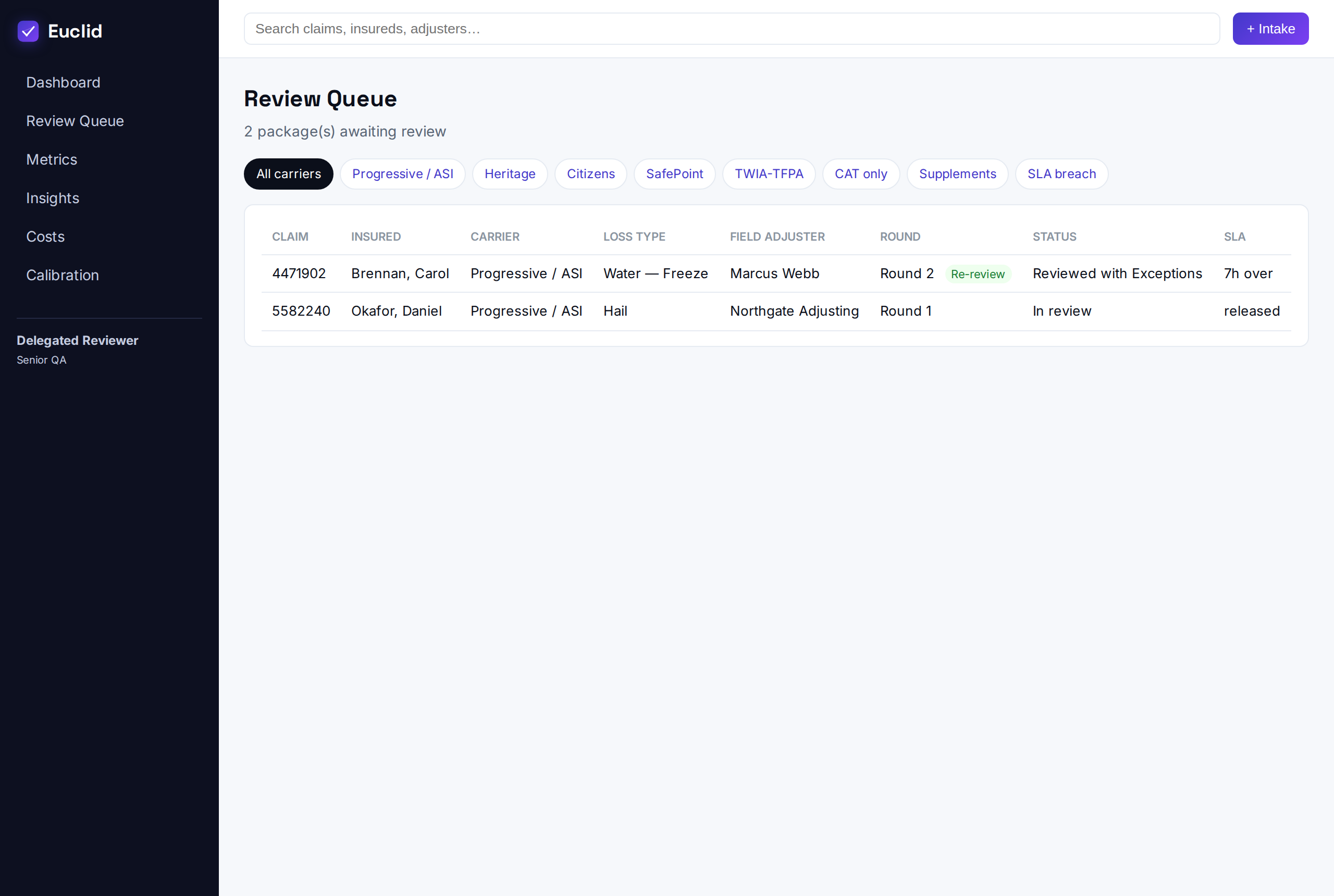 Claim queue with automatic reviews and document-completeness badges